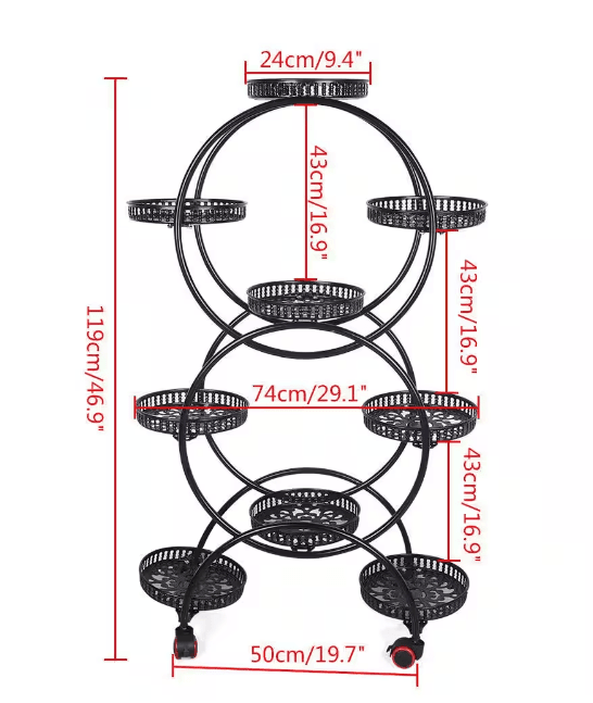 46.9 in. x 29.1 in. 9 Potted Multiple Indoor/Outdoor Black Metal Plant Stand Flower Pot Holder (6-Tier)