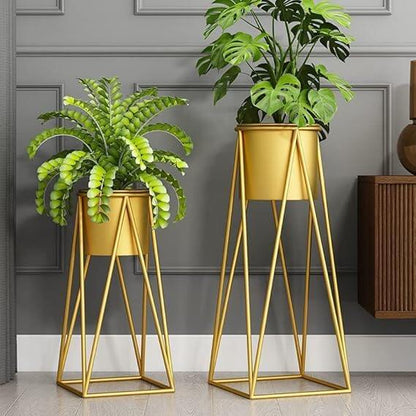 Planters for Indoor - Outdoor Plants & Modern Metal Floor Tall Plant Stand for Garden, Balcony & Living Room & Mid Century Plant Stands with Pots Set of 2
