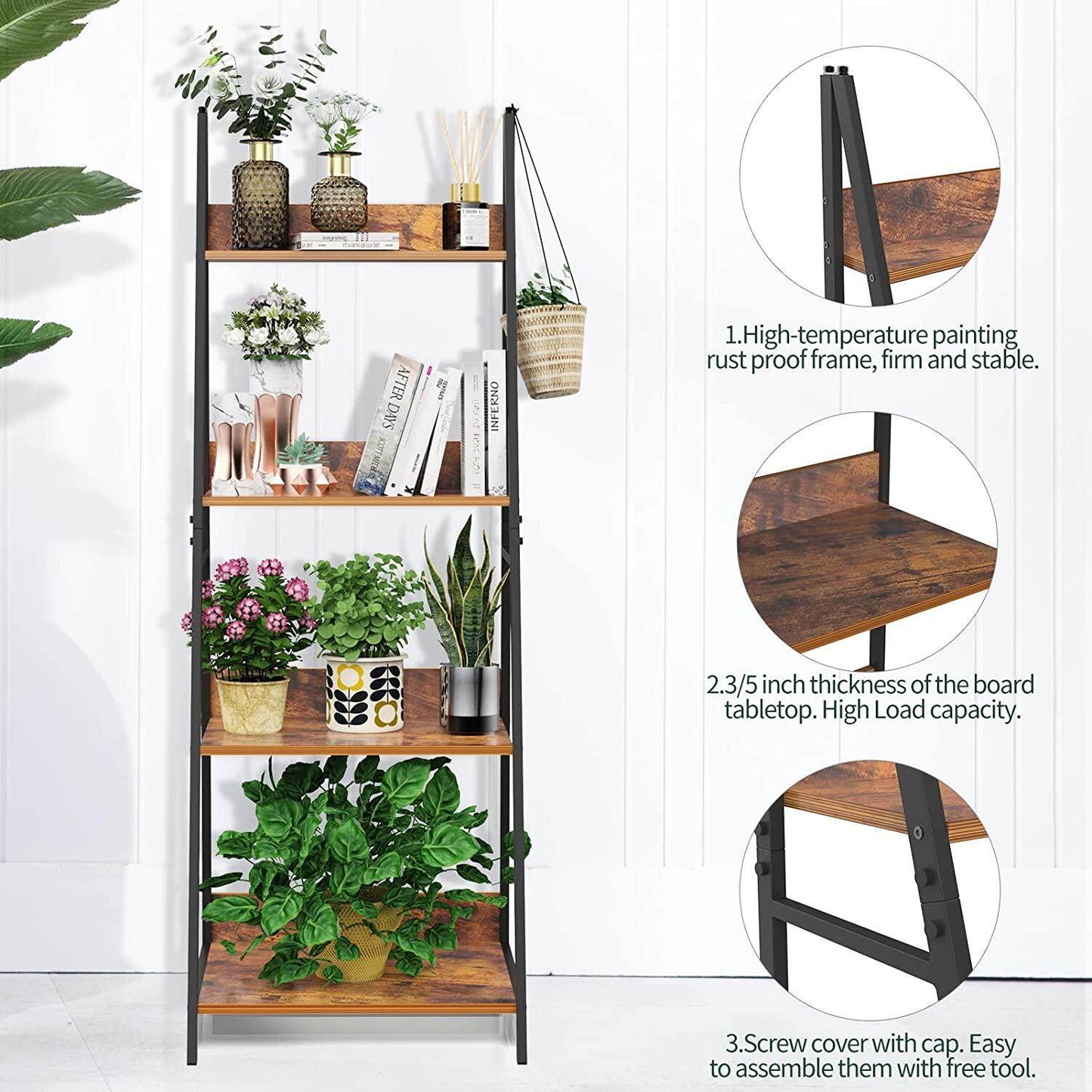 4-Tier Ladder Shelf, Wood Plant Flower Stand Storage Rack Shelf Steel Frame for Office and Home(Brown)
