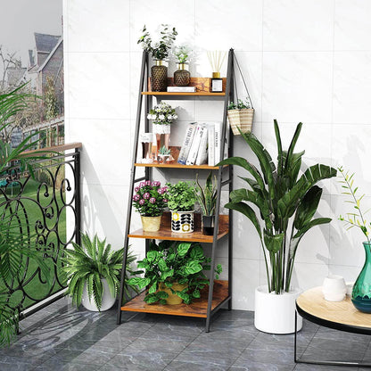 4-Tier Ladder Shelf, Wood Plant Flower Stand Storage Rack Shelf Steel Frame for Office and Home(Brown)