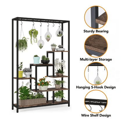 Seller Wellston 70.86 in. Brown 5-Tier Wooden Indoor Plant Stand, Tall Flower Rack with 10-Hook