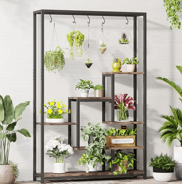 Seller Wellston 70.86 in. Brown 5-Tier Wooden Indoor Plant Stand, Tall Flower Rack with 10-Hook