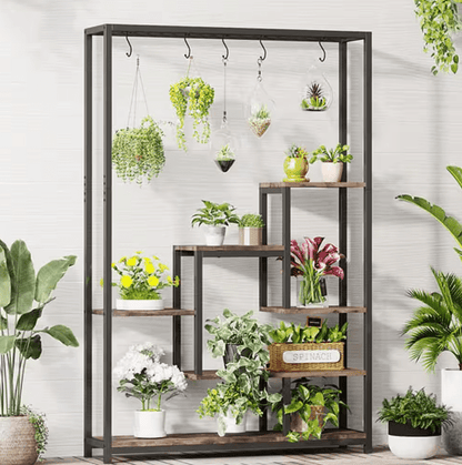 Seller Wellston 70.86 in. Brown 5-Tier Wooden Indoor Plant Stand, Tall Flower Rack with 10-Hook