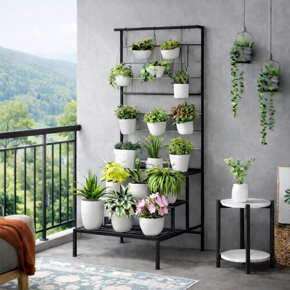 Plant Stand 3-Tier Hanging Shelves Flower Pot Organizer Multiple Flower Display Holder Indoor Outdoor Heavy Duty Potted Planter Rack Unit with Grid Panel for Living Room Balcony
