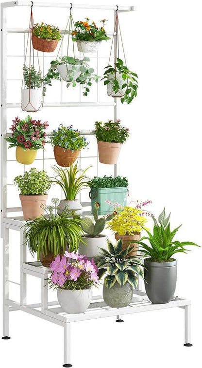 Plant Stand 3-Tier Hanging Shelves Flower Pot Organizer Multiple Flower Display Holder Indoor Outdoor Heavy Duty Potted Planter Rack Unit with Grid Panel for Living Room Balcony