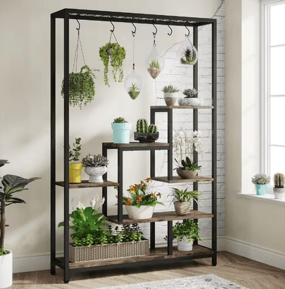 Seller Wellston 70.86 in. Brown 5-Tier Wooden Indoor Plant Stand, Tall Flower Rack with 10-Hook