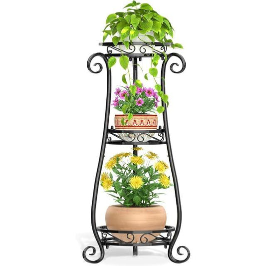 3 Tier Black Metal Plant Stand for Multiple Large Planters Indoor Outdoor Organizer, Heavy Duty Tall Flower Stand for Corner Patio Bathroom Office, Modern Sturdy Vertical Iron Rack