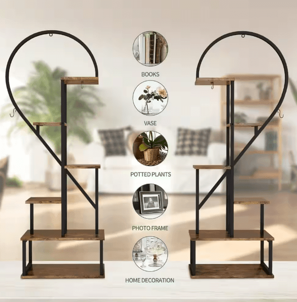 6-Tier Metal Plant Stand, Creative Half Heart Stepped Plant Stand for Home Patio Lawn Garden (2-Pack) Black
